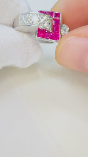 Vintage European Diamond Ring with Rubies 18K White Gold 1.45ctw