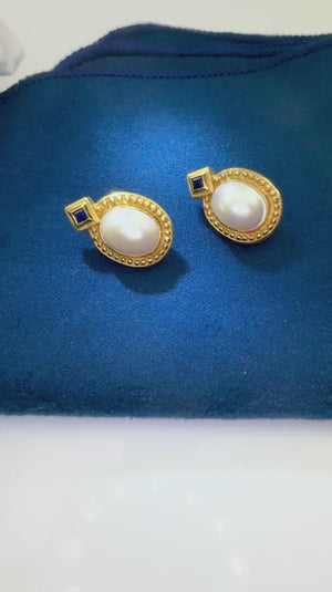 Vintage Mabe Pearl Omega Earrings with Sapphires 18K Yellow Gold