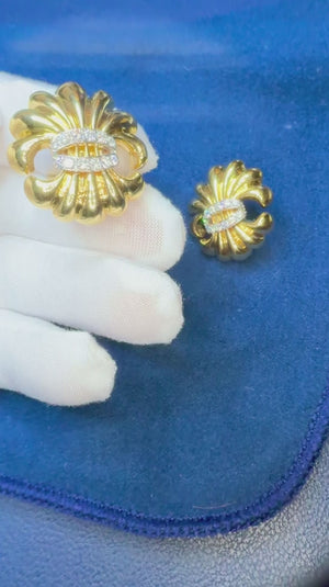 Verdura Diamond Fleur-de-Lis Style Omega Earrings 18K Yellow Gold