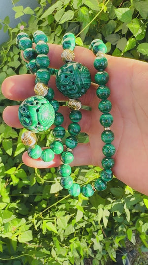 Vintage Carved Malachite Beads with 14K Yellow Gold 31"