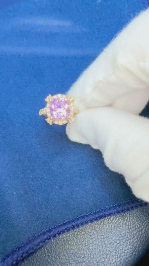 Cushion Kunzite Halo Ring with Diamonds 14K Yellow Gold 6.11ctw