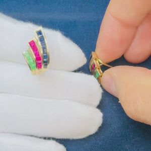 Vintage Precious Gemstone Wave Omega Earrings 14K Yellow Gold