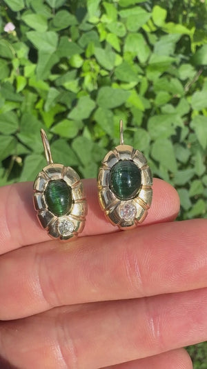 Vintage Cat's Eye Tourmaline Fishhook Earrings with Diamonds 14K Gold