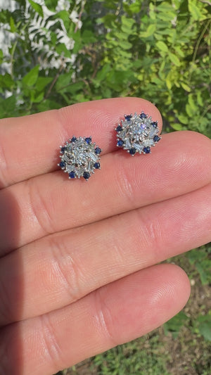 Euro Diamond Stud Earrings with Sapphires 14K White Gold 1.30ctw