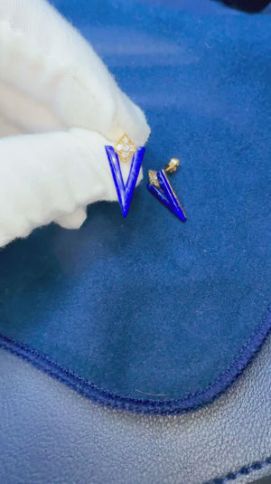 V-Shaped Lapis Lazuli Stud Earrings with Diamonds 14K Gold
