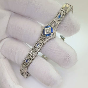 Antique Art Deco Diamond Bracelet with Sapphires White Gold & Silver
