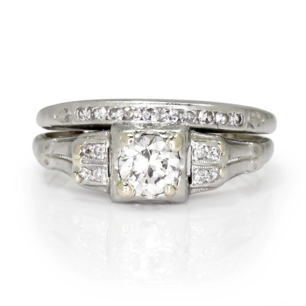 Art Deco Round Diamond Engagement Ring Set Platinum