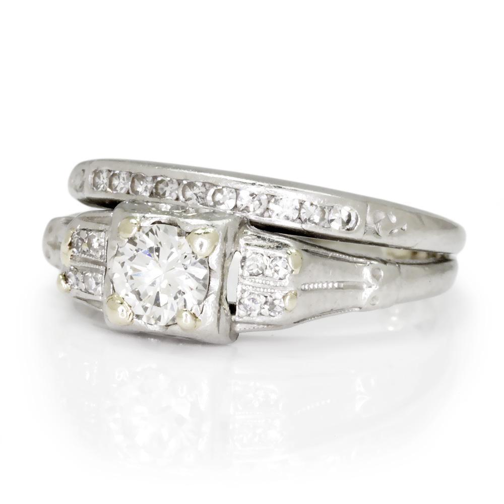 Art Deco Round Diamond Engagement Ring Set Platinum