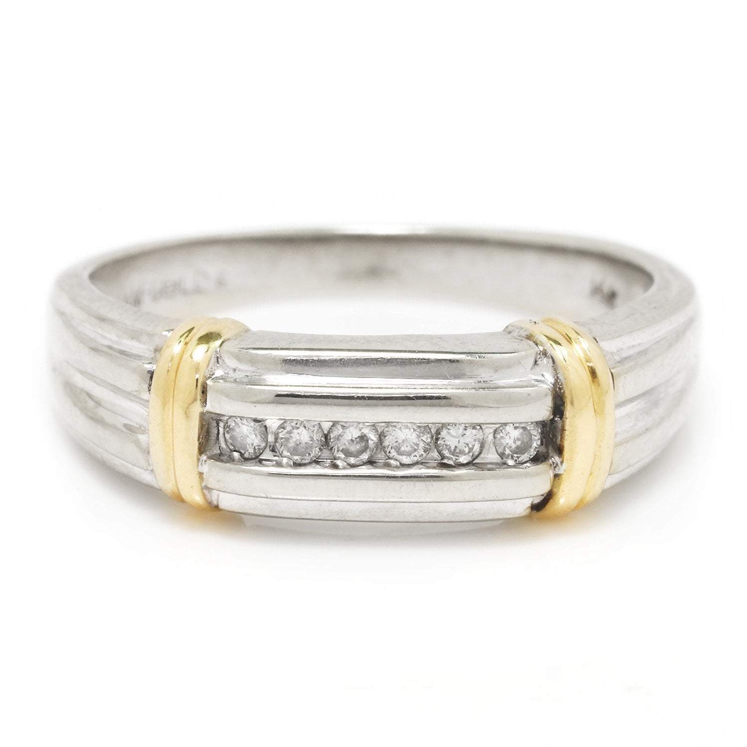 Once Upon A Diamond Band White & Yellow Gold Round Diamond Men's Wedding Band 14K Two-Tone Gold 0.20ctw