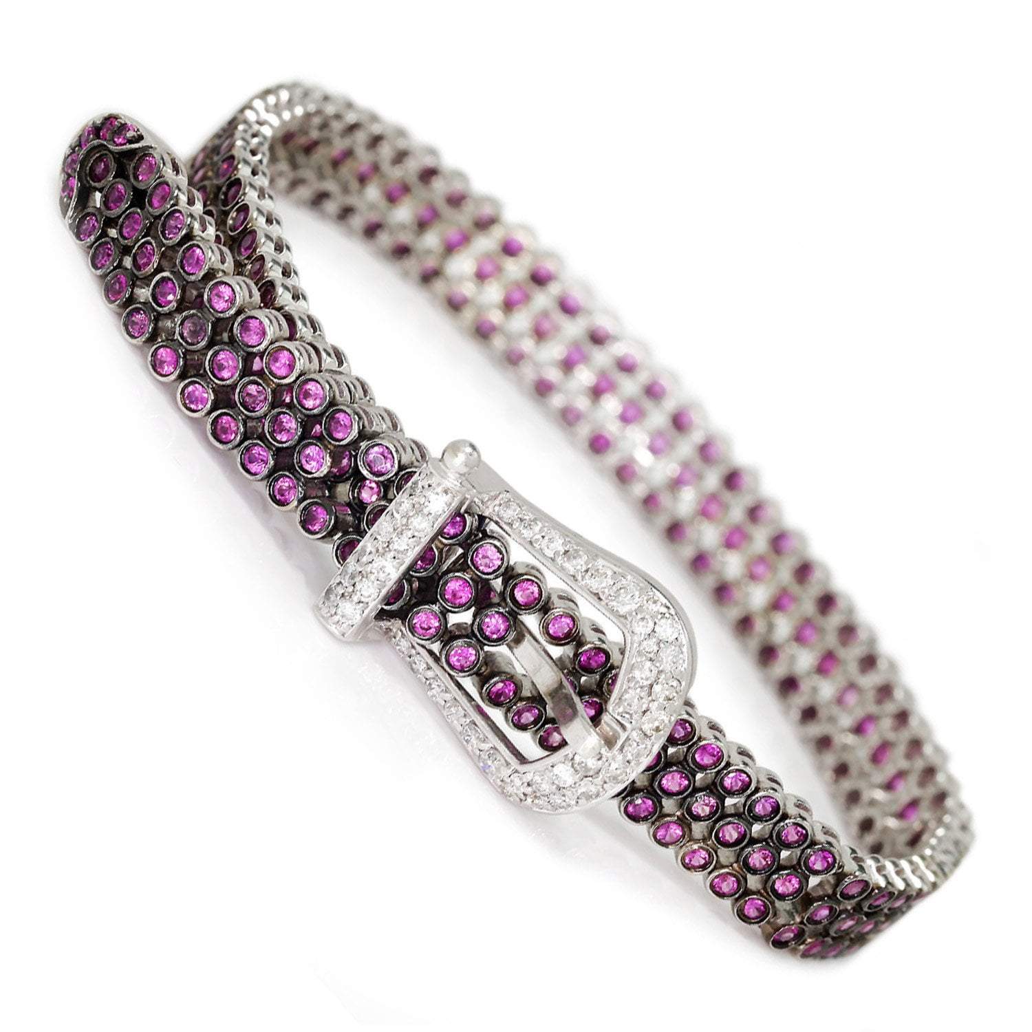 Once Upon A Diamond Bracelet White & Black Oxidized Gold Certified Pink & Purple Sapphire Belt Buckle Bracelet with Diamonds