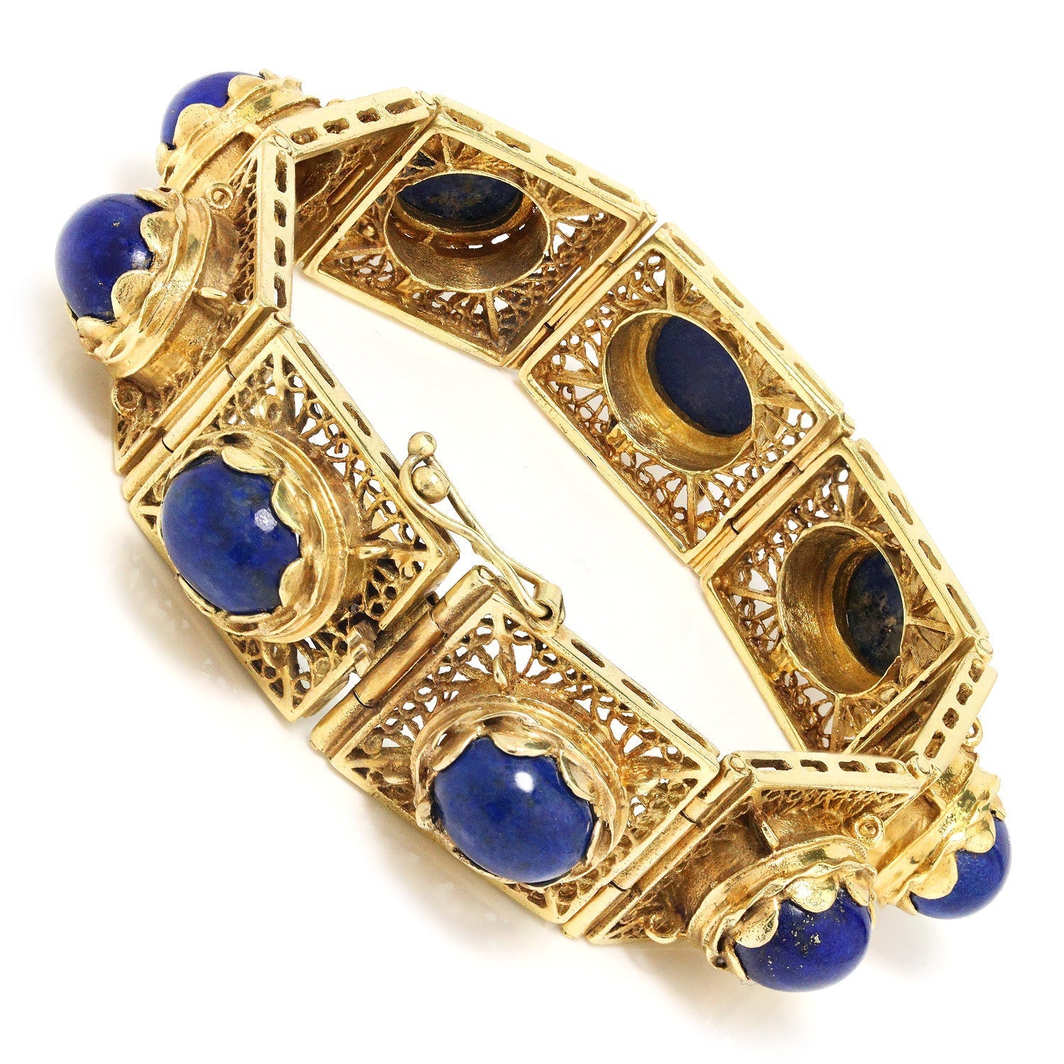 Once Upon A Diamond Bracelet Yellow Gold Vintage Lapis Lazuli Filigree Link Bracelet 14K Yellow Gold