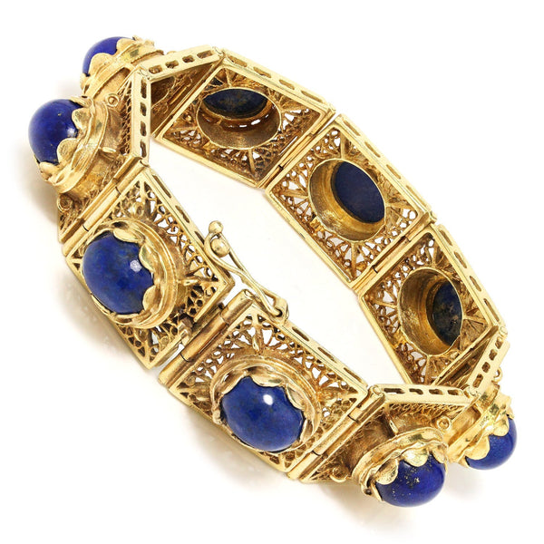 Vintage Lapis Lazuli Filigree Link Bracelet 14K Yellow Gold - Image 2