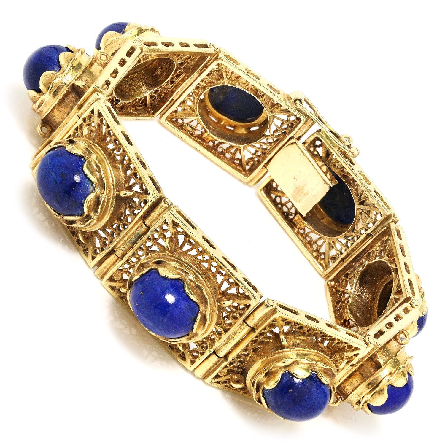 Once Upon A Diamond Bracelet Yellow Gold Vintage Lapis Lazuli Filigree Link Bracelet 14K Yellow Gold