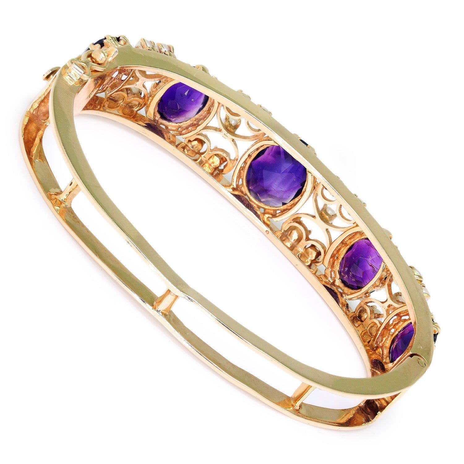 Once Upon A Diamond Bracelet Yellow Gold Vintage Oval Amethyst Bangle with Pearls 14K Yellow Gold