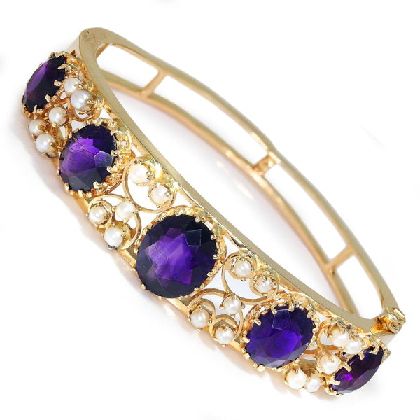 Once Upon A Diamond Bracelet Yellow Gold Vintage Oval Amethyst Bangle with Pearls 14K Yellow Gold