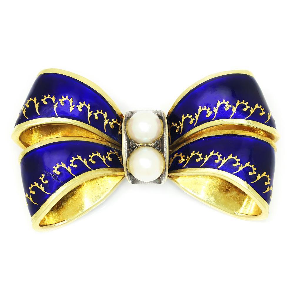 Once Upon A Diamond Brooch Vintage Ribbon Brooch Pin with Pearls 18K Gold