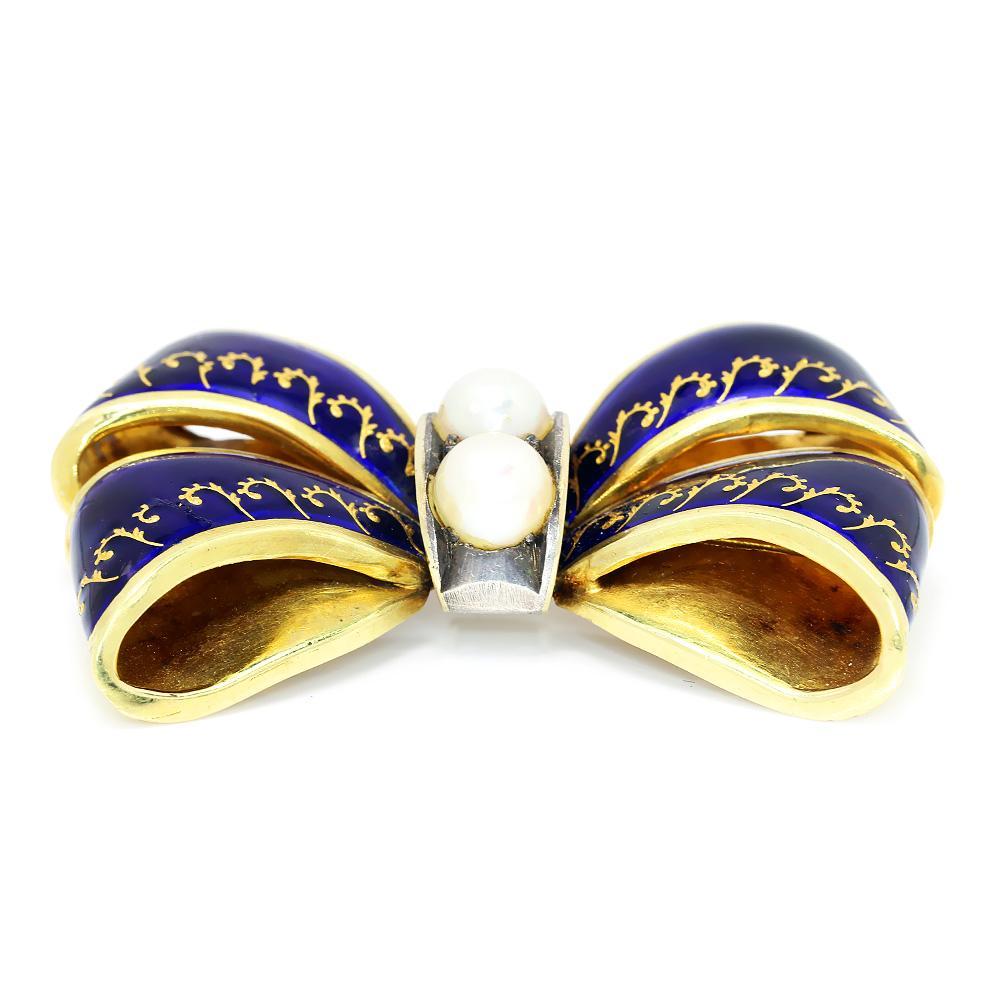 Once Upon A Diamond Brooch Vintage Ribbon Brooch Pin with Pearls 18K Gold