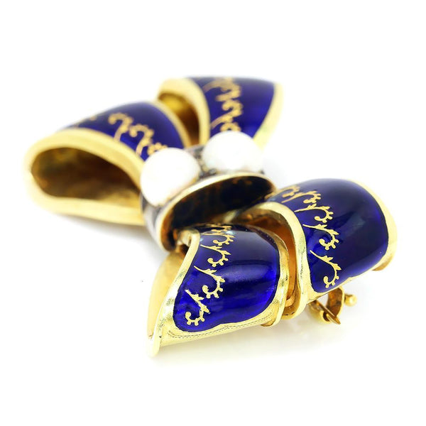 Vintage Ribbon Brooch Pin with Pearls 18K Gold - Image 3