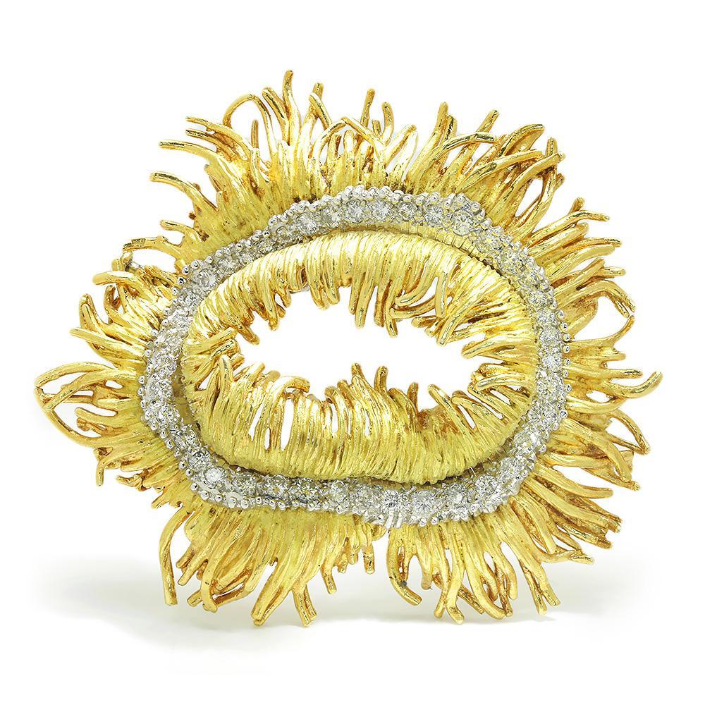 Once Upon A Diamond Brooch White & Yellow Gold Vintage Diamond Sea Anemone Brooch Pin 18K Gold 1.50ctw