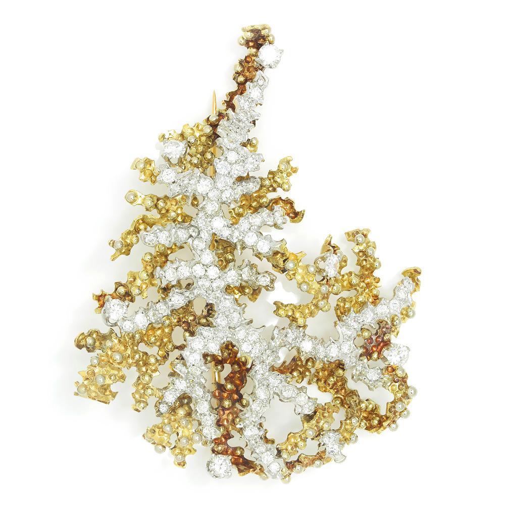 Once Upon A Diamond Brooch White & Yellow Gold Vintage Diamond Sea Anemone Brooch Pin 18K Gold 4.50ctw