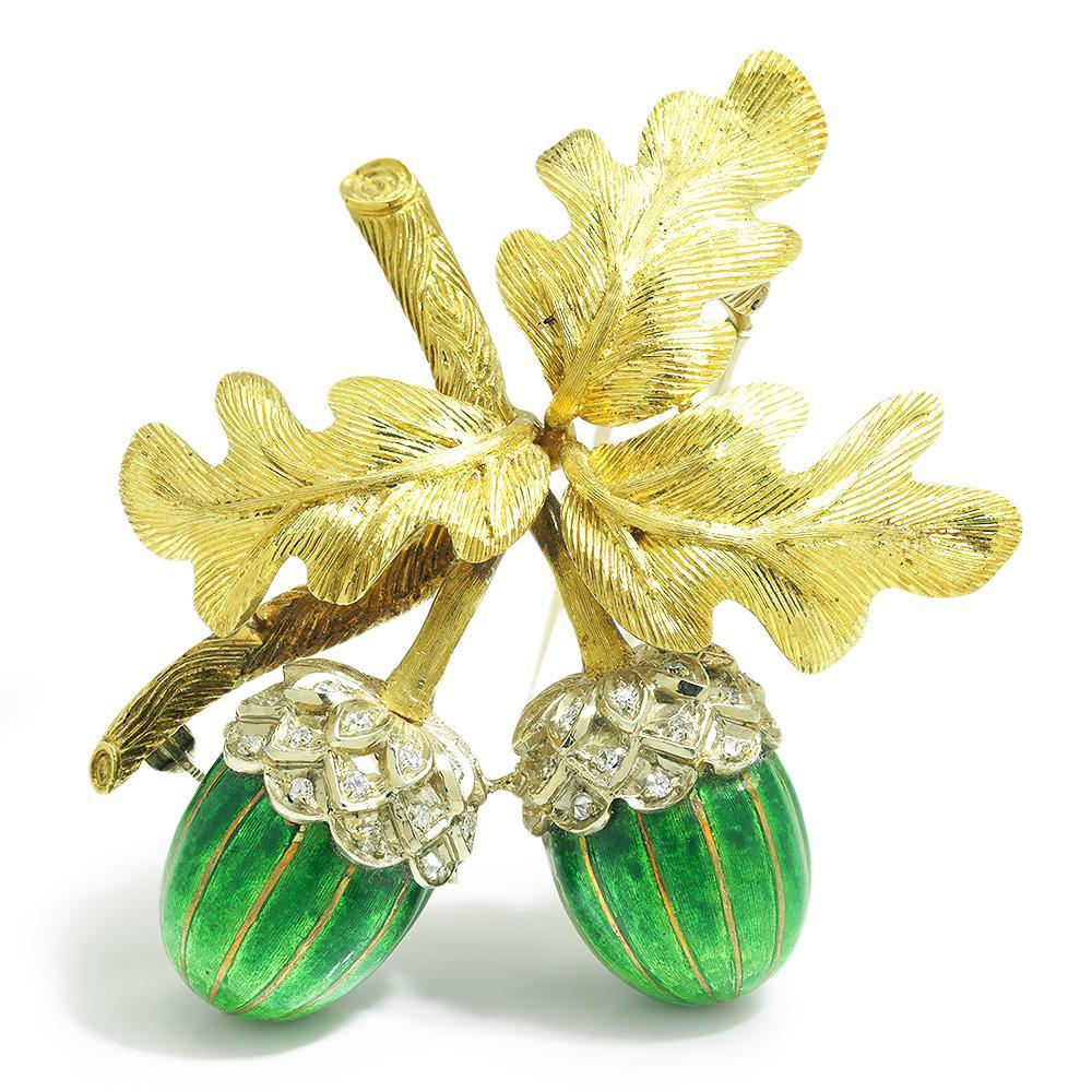 Once Upon A Diamond Brooch White & Yellow Gold with Green Enamel Vintage Diamond Acorn with Leaves Brooch 18K & Enamel