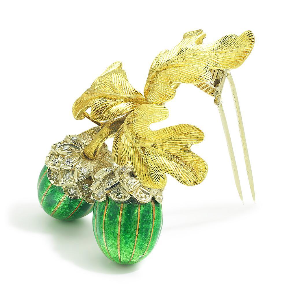 Once Upon A Diamond Brooch White & Yellow Gold with Green Enamel Vintage Diamond Acorn with Leaves Brooch 18K & Enamel