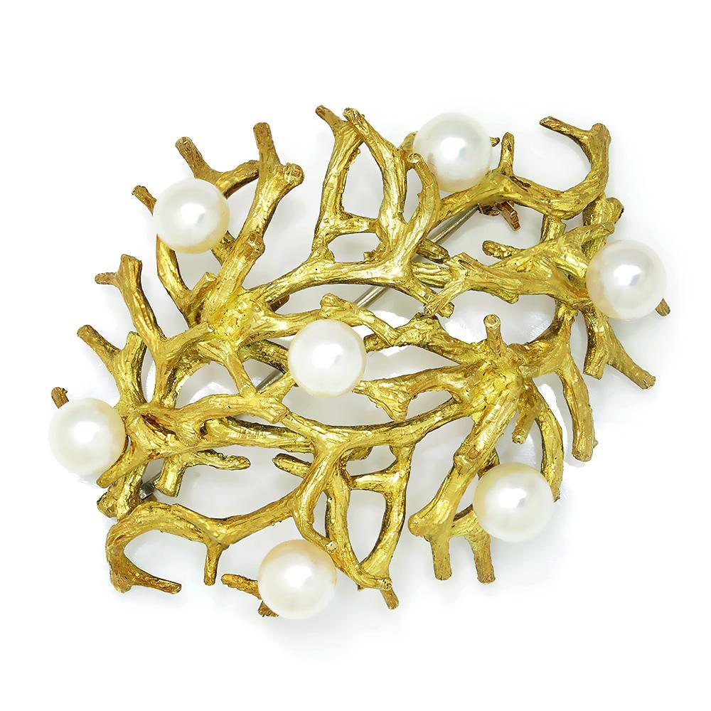 Once Upon A Diamond Brooch Yellow Gold Vintage South Sea Pearl Twig Brooch Pin 18K Yellow Gold