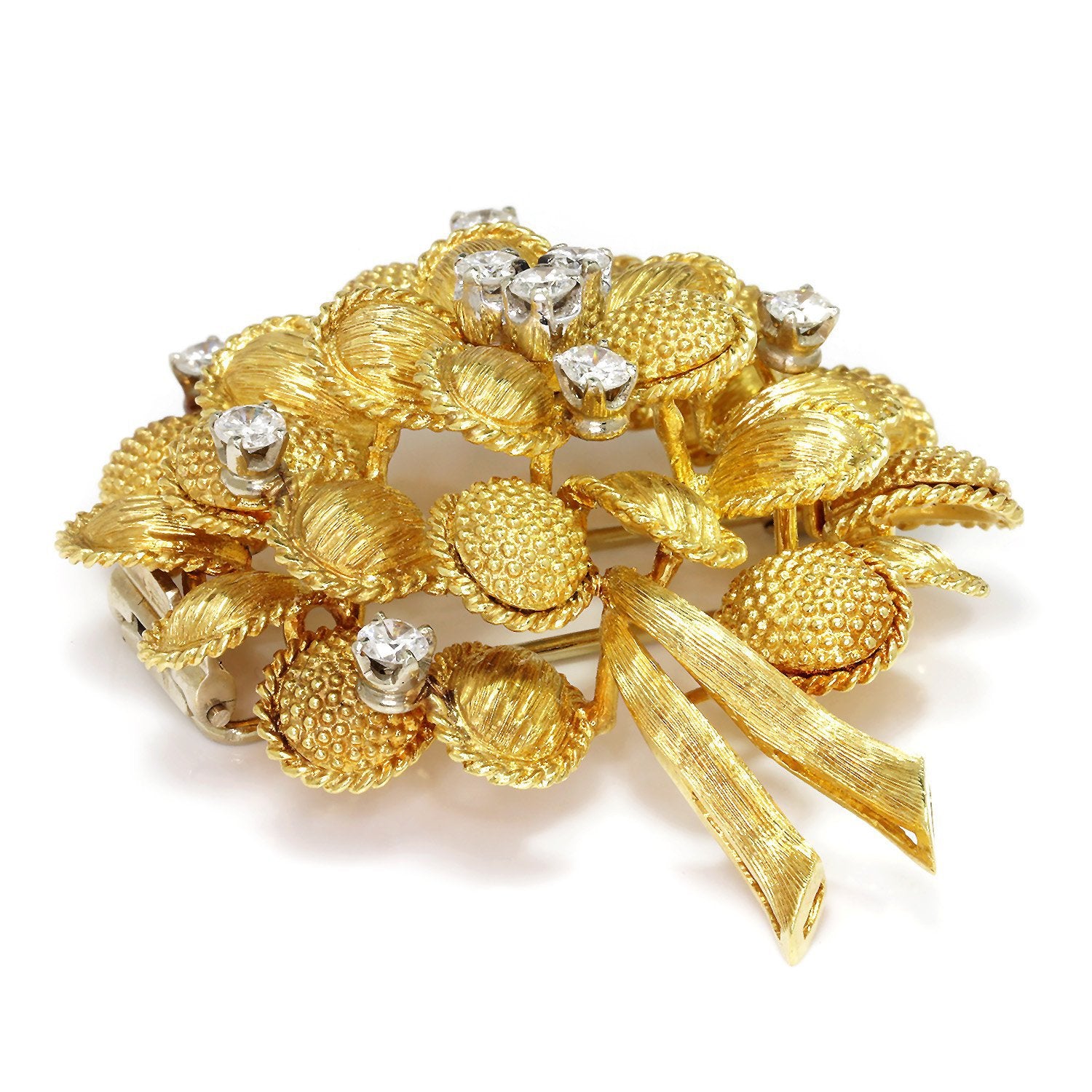 Vintage Italian Diamond Wreath Brooch Pin 18K Yellow Gold 1.00ctw