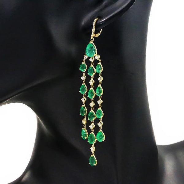 Emerald Chandelier Earrings with Diamonds 18K Yellow Gold - Image 3