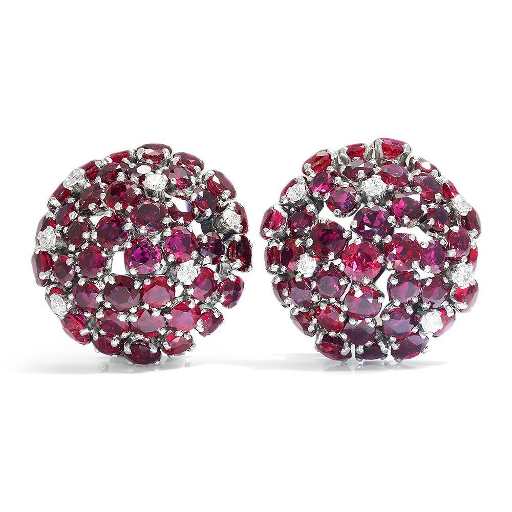 Once Upon A Diamond Earrings White Gold & Platinum Ruby Dome Clip-On Earrings with Diamonds 18K White Gold