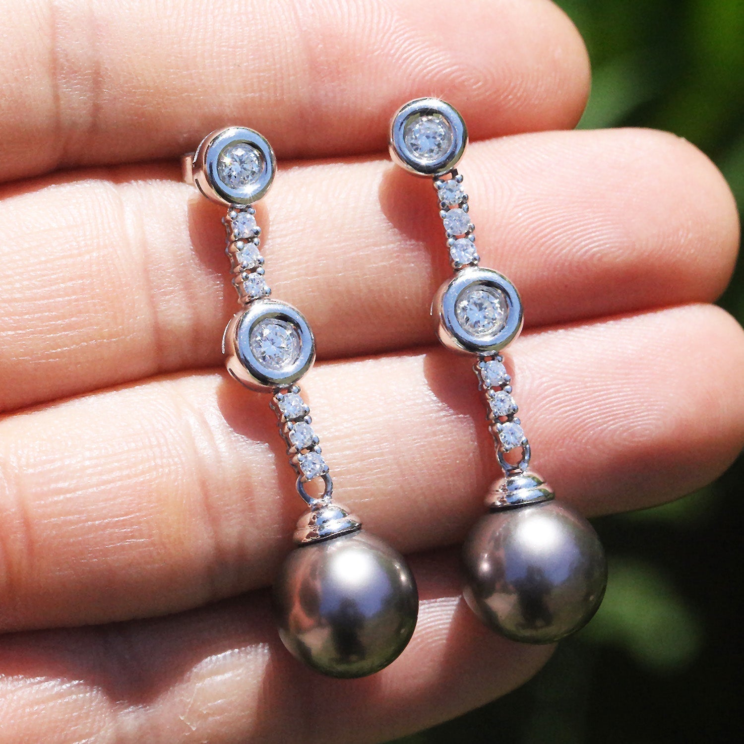 Once Upon A Diamond Earrings White Gold Tahitian Pearl Drop Dangle Earrings with Diamonds 18K 1.50ctw
