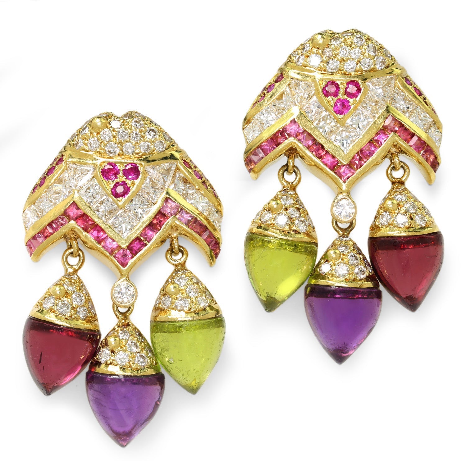 Once Upon A Diamond Earrings Yellow Gold Vintage Cabochon Gemstone Chandelier Earrings with Diamonds