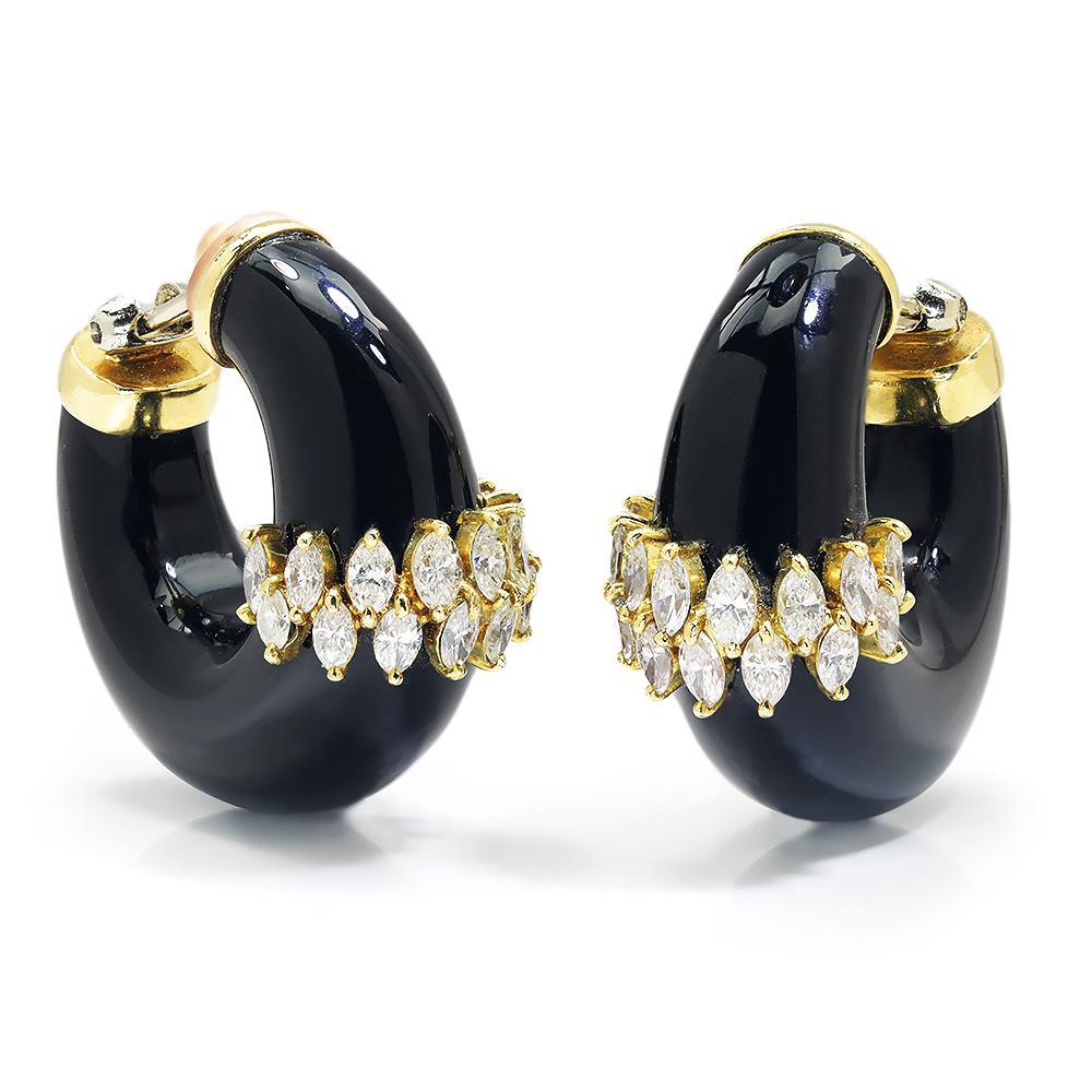 Once Upon A Diamond Earrings Yellow Gold Vintage Diamond & Onyx Hoop Earrings 18K Gold 2.50ctw