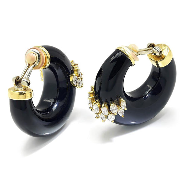 Vintage Diamond & Onyx Hoop Earrings 18K Gold 2.50ctw - Image 3