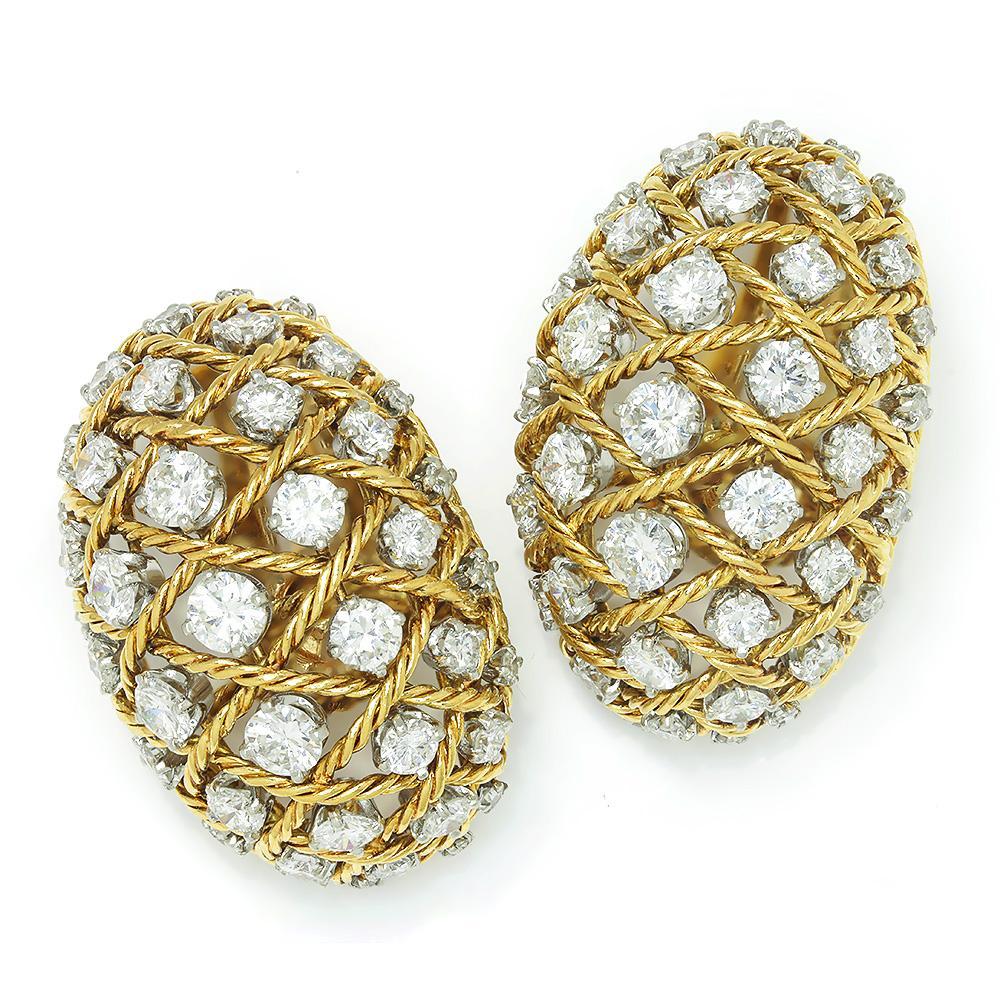 Once Upon A Diamond Earrings Yellow Gold Vintage Diamond Rope Ear Clips 18K Platinum 14K 6.00ctw