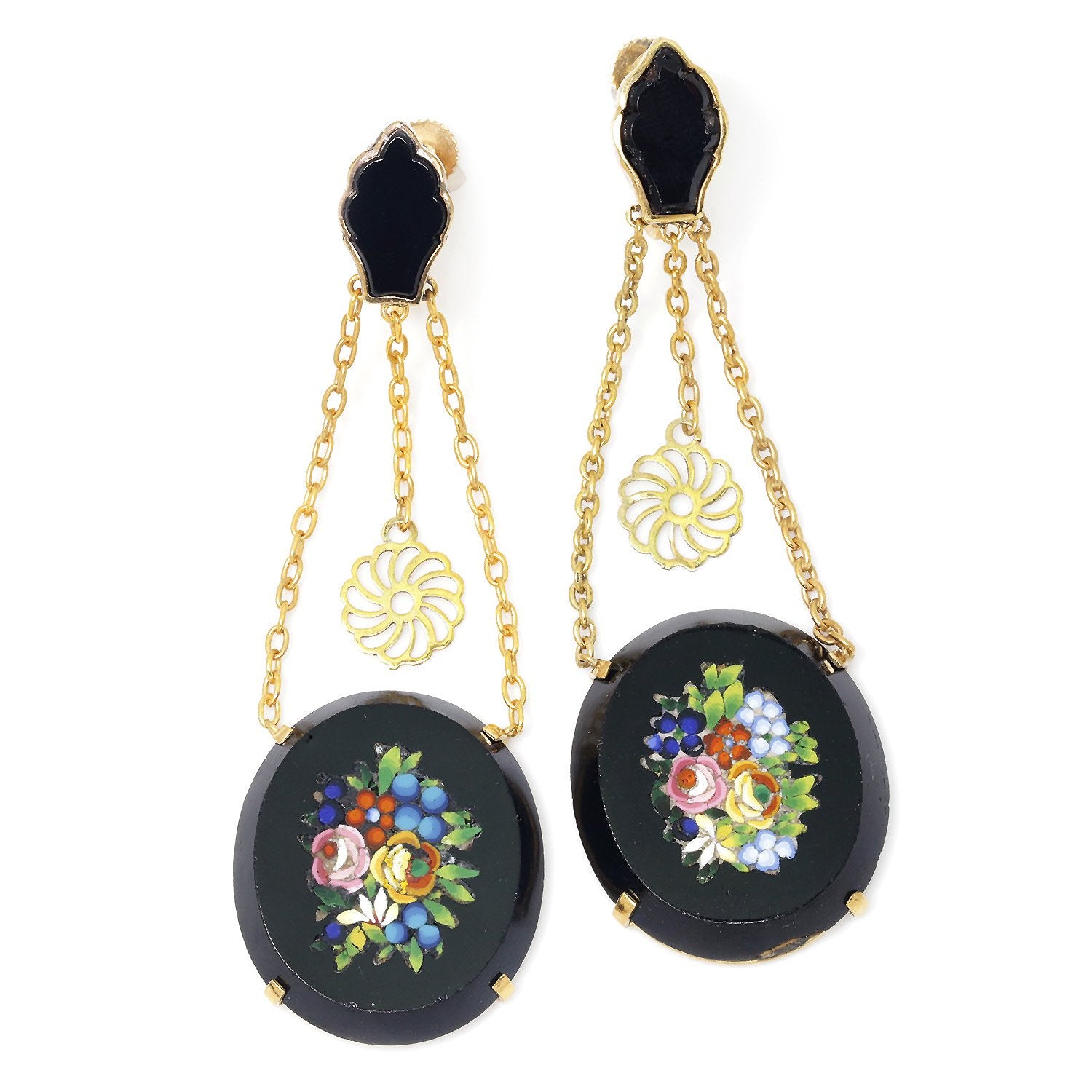 Once Upon A Diamond Earrings Yellow Gold Vintage Micro Mosaic Drop Earrings in Black Onyx & 14K Yellow Gold