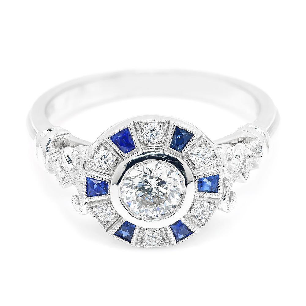 Once Upon A Diamond Engagement Ring Bezel Set Round Diamond Engagement Ring with Sapphires