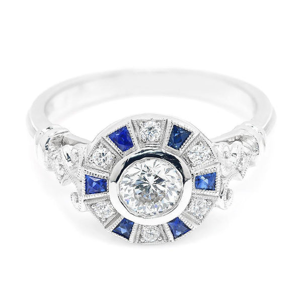 Bezel Set Round Diamond Engagement Ring with Sapphires - Image 2