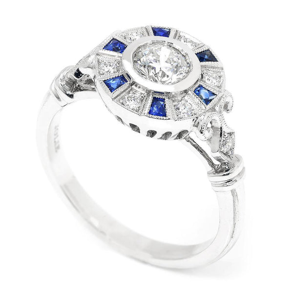 Bezel Set Round Diamond Engagement Ring with Sapphires - Image 3