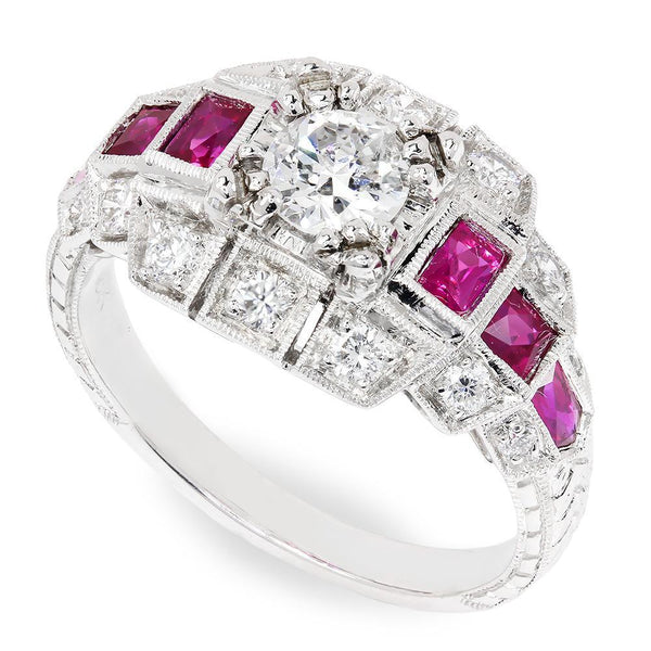 European Diamond Filigree Engagement Ring with Rubies 18K - Once Upon A ...