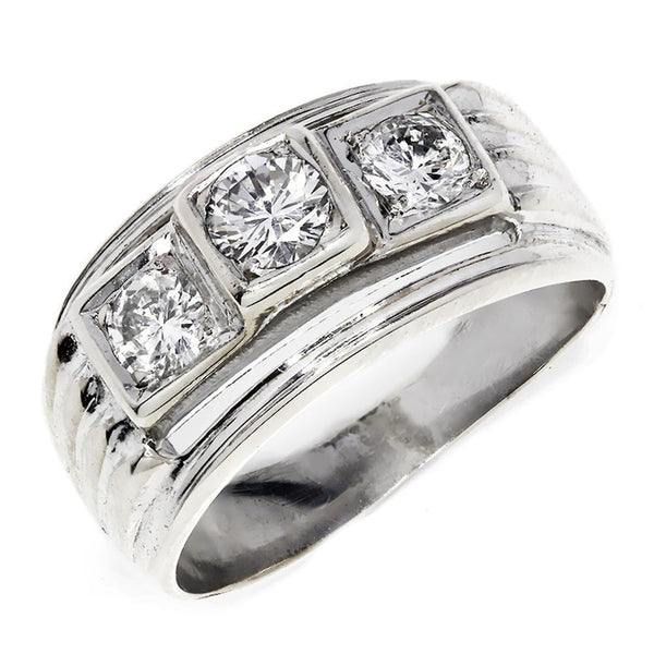 Vintage Three Stone Round Diamond Wide Engagement Ring White Gold - Image 3