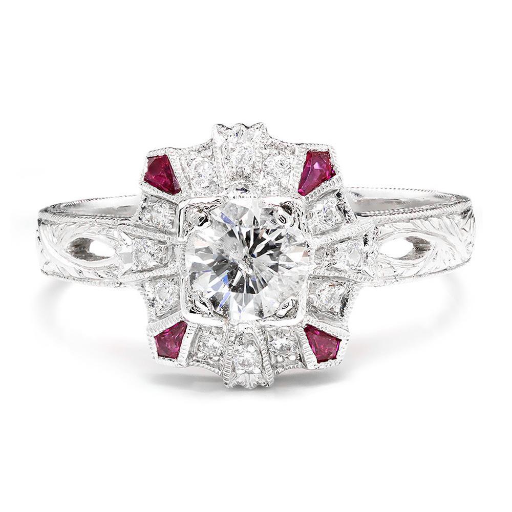 Once Upon A Diamond Engagement Ring Round Diamond Filigree Engagement Ring with Rubies 18K