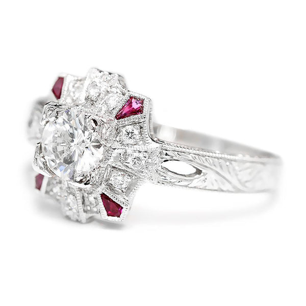 Round Diamond Filigree Engagement Ring with Rubies 18K - Image 2