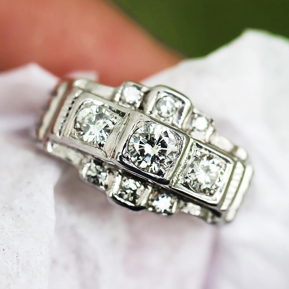 Once Upon A Diamond Engagement Ring Vintage 3 Stone Diamond Engagement Ring with Accents in 8kt White Gold .75ctw