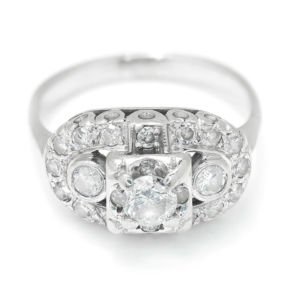 Vintage Round Diamond Engagement Ring White Gold .90ctw