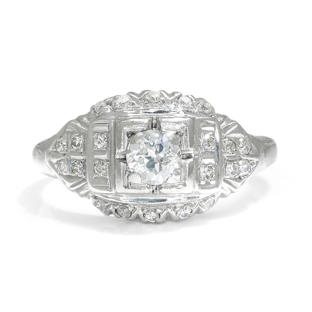 Once Upon A Diamond Engagement Ring White Gold Art Deco Old Mine Cut Diamond Ring 18K White Gold .35ctw