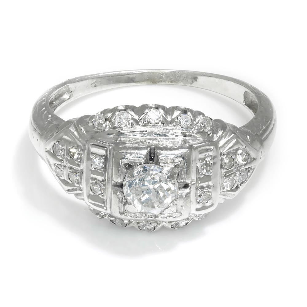 Once Upon A Diamond Engagement Ring White Gold Art Deco Old Mine Cut Diamond Ring 18K White Gold .35ctw