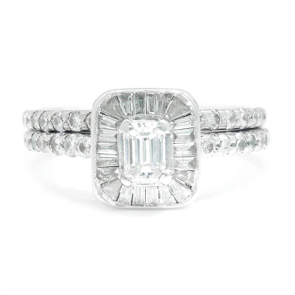 Once Upon A Diamond Engagement Ring White Gold Emerald Cut Diamond Halo Engagement Ring Set White Gold