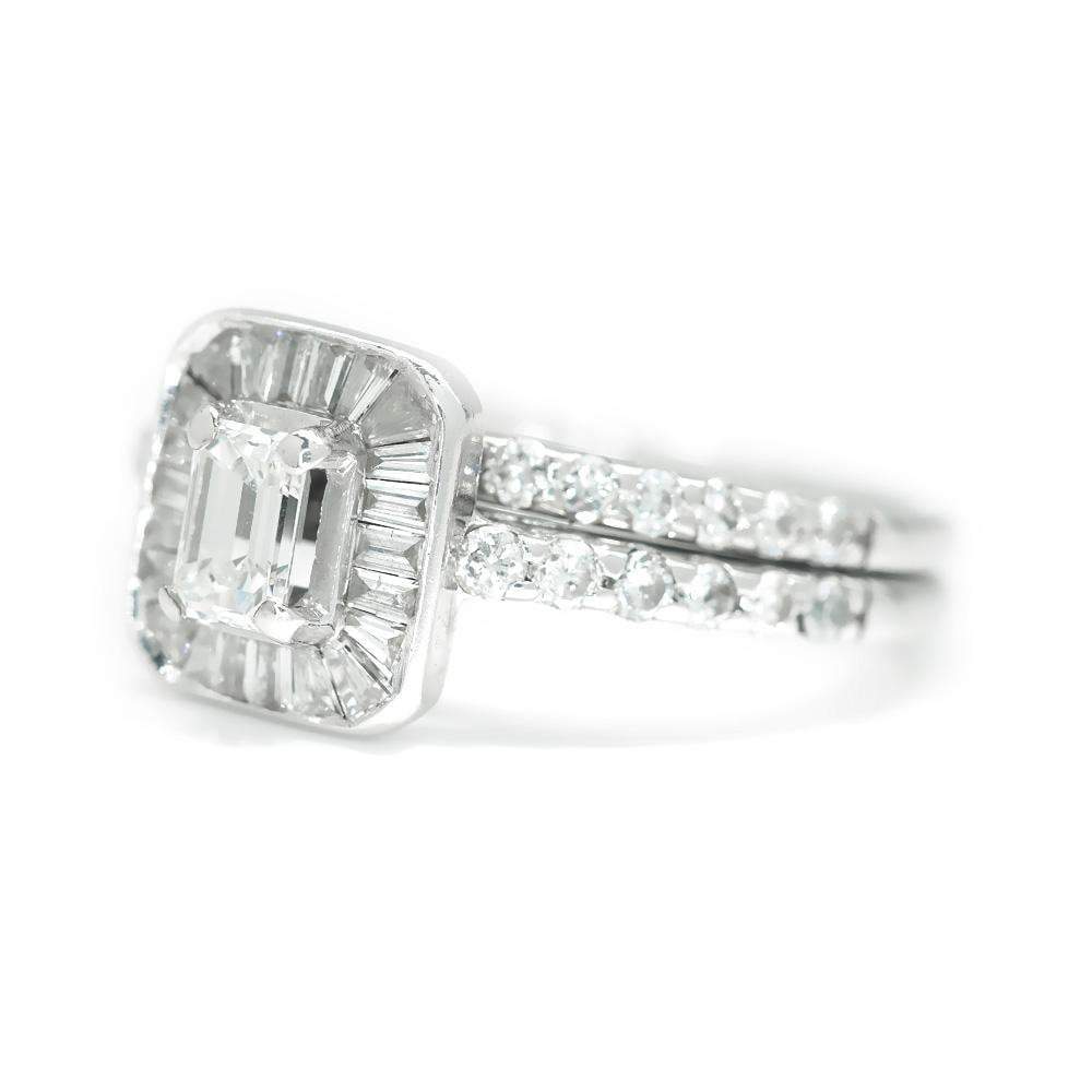 Once Upon A Diamond Engagement Ring White Gold Emerald Cut Diamond Halo Engagement Ring Set White Gold