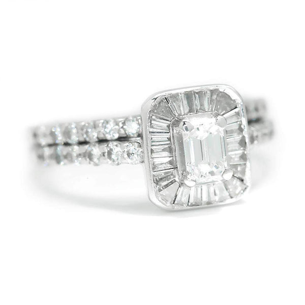 Emerald Cut Diamond Halo Engagement Ring Set White Gold - Image 3